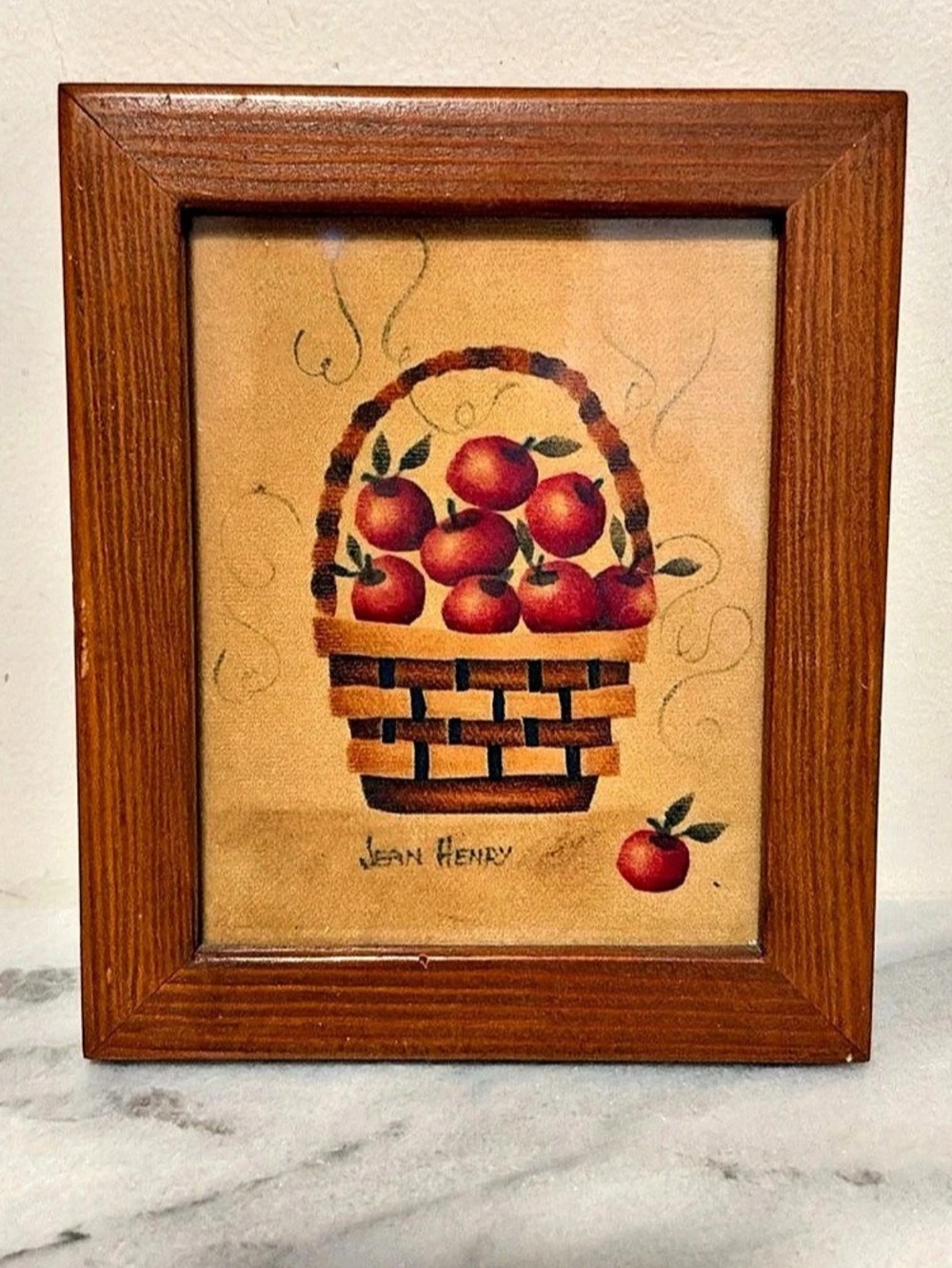 Jean Henry Folk Art Apple Basket Theorem Painting Brown & Red wood frame Vintage